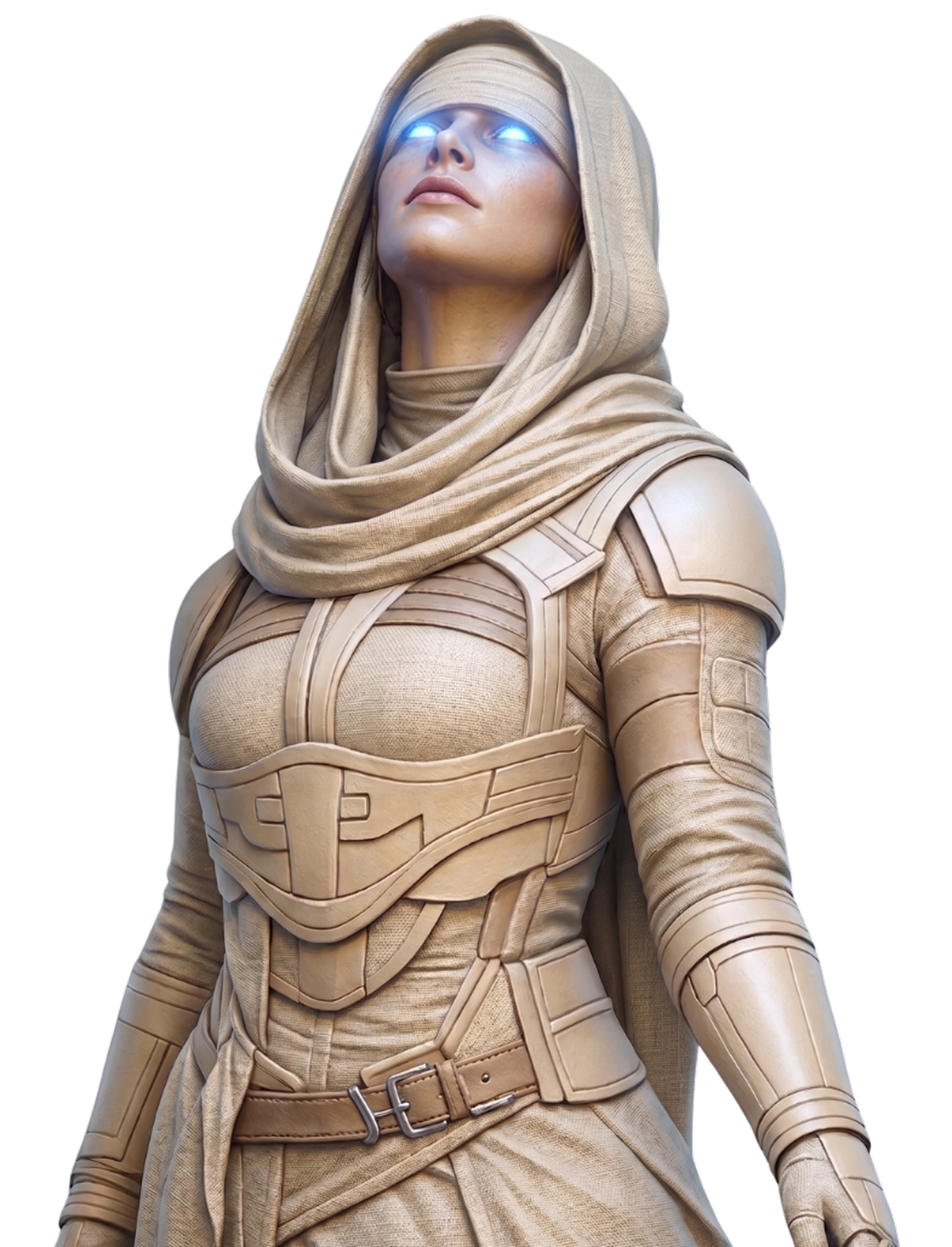 A hooded Fremen seer with glowing cyan eyes